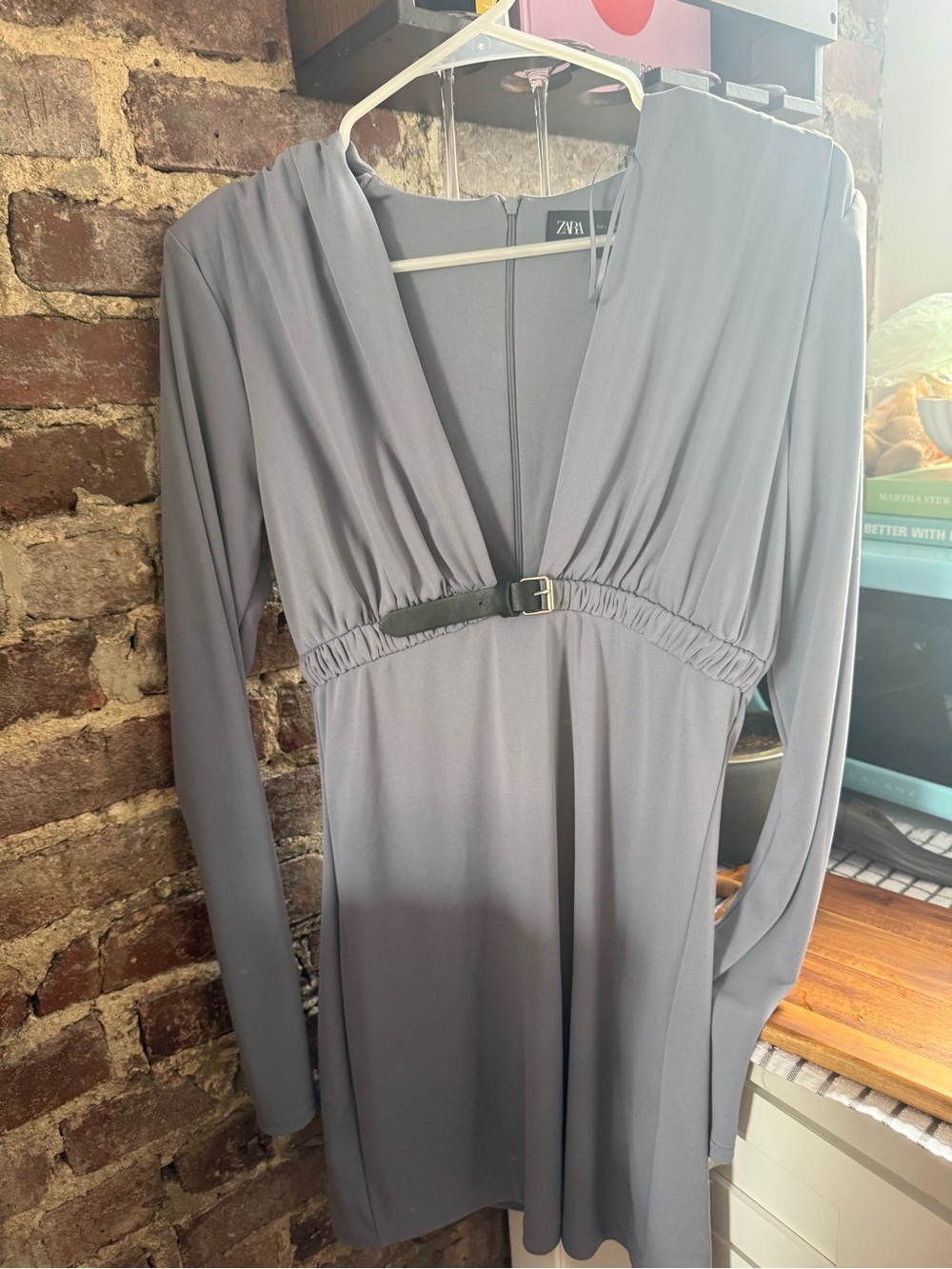 Zara Slate Gray Long Sleeve V-Neck Dress with Buckle Detail